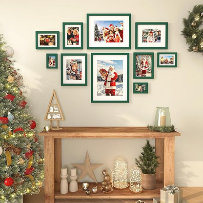 KINLINK 11x14 Picture Frame Green, Solid Wood Frames with Acrylic Plexiglass for Pictures 5x7/8x10 with Mat or 11x14 without Mat, Tabletop and Wall Mounting Display, Set of 4