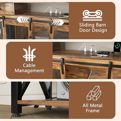 TV Stand for TV up to 75 Inches,Farmhouse Entertainment Center with 2 Drawers & Storage Cabinets, Industrial Media Console Table with Small Speaker Stand for Living Room, Bedroom, Rustic Brown