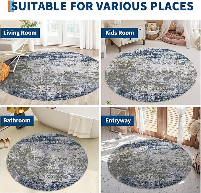 ROYHOME Modern Abstract 6x6 Round Area Rug Non Slip Non Shedding Rug Low Pile Stain Resistant for Bedroom Living Room Office Dining Room,Navy