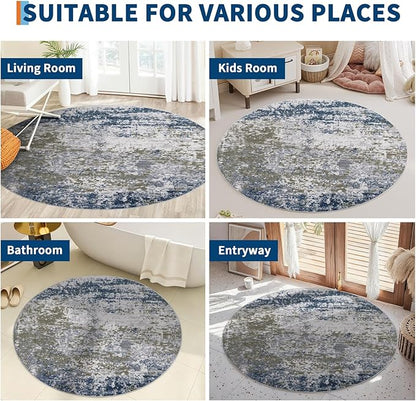 ROYHOME Modern Abstract 6x6 Round Area Rug Non Slip Non Shedding Rug Low Pile Stain Resistant for Bedroom Living Room Office Dining Room,Navy