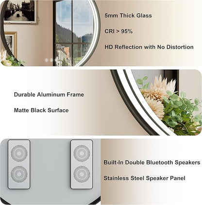 20 Inch Dual Bluetooth LED Bathroom Mirror, Black Framed Round Vanity Mirror with Lights, Dimmable, 3000K/4500K/6000K, Anti-Fog, Memory, CRI 90+