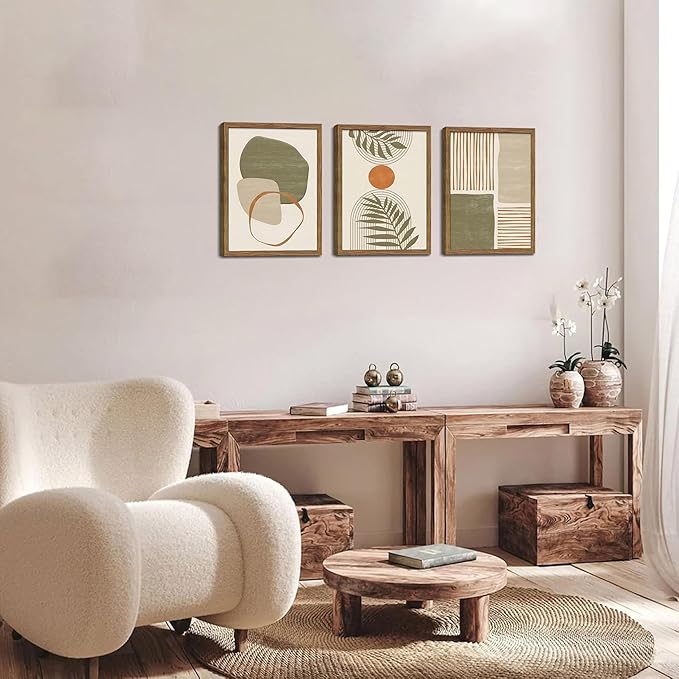 Framed Sage Green Boho Plant Wall Art Set of 3, Neutral Botanical Canvas Prints, Boho Picture Painting, Abstract Mid-Century Modern Tropical Leaf Decor for Living Room Bedroom 12x16 inch