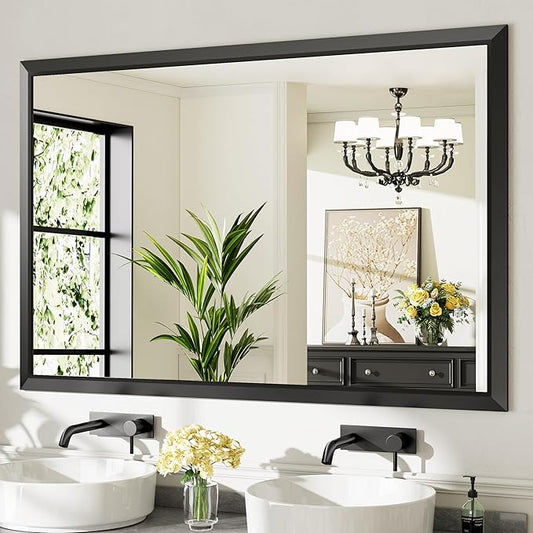 Briivue 60x40 Inch Black Bathroom Mirror for Wall, Thick Metal Framed Rectangle Mirrors for Over Sink, Bedroom, Living Room, Entryway, Anti-Rust, HD Tempered Glass