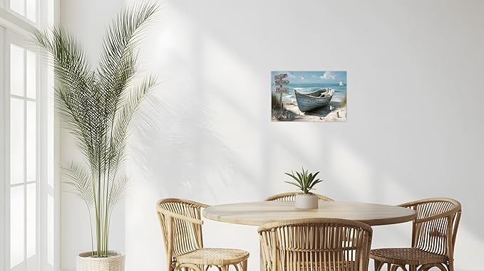TutuBeer 1 Panel Coastal Bathroom Canvas Wall Art Nautical Boat on Beach Canvas Picture Ocean Seagull Seascape Prints for Wall Sea Bird Farmhouse Artwork for Bedroom Living Room Decor 20"x30"