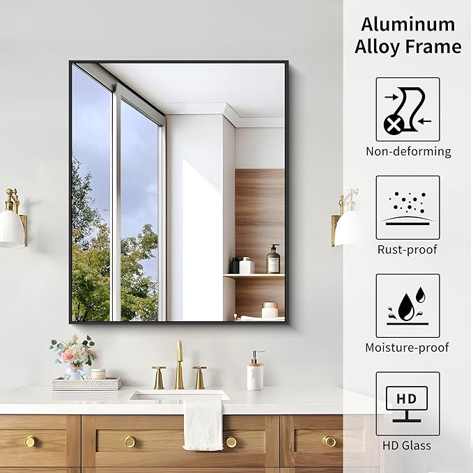 KOCUUY Black Bathroom Mirror, 30x36 Inch Rectangle Mirror for Over Sink, Modern Decorative Wall Mirror for Bedroom Living Room Bathroom, Hang Horizontal/Vertical