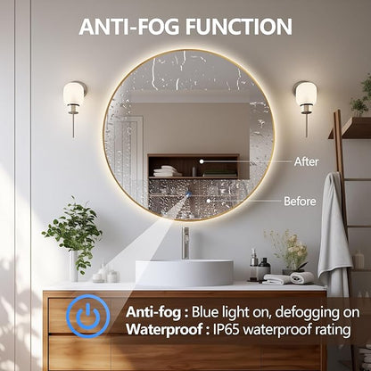 Niccy 36" LED Backlit Round Mirror for Bathroom, Gold Framed Vanity Light Wall Mirror, LED Smart Circle Mirrors with 3 Lighting Colors, Round Lighted Mirror with Anti-Fog, IP65 Waterproof