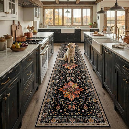 RELEANY Area Rugs 2'x9' Runner Rug Non Slip Washable for Kitchen Hallway Bedroom Beside Laundry Room Bathroom Rug, Floor Carpet, Black Colorful Floral Dark Tan