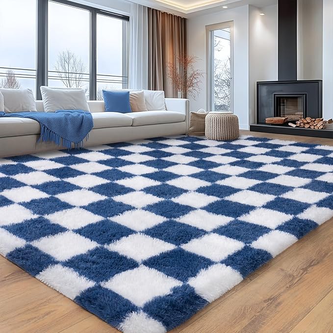 Checkered Rugs for Living Room, 6x9 Blue and White Area Rug for Bedroom Kids Room, Fluffy Shaggy Shag Carpet, Soft Non Slip Aesthetic Decor for Home