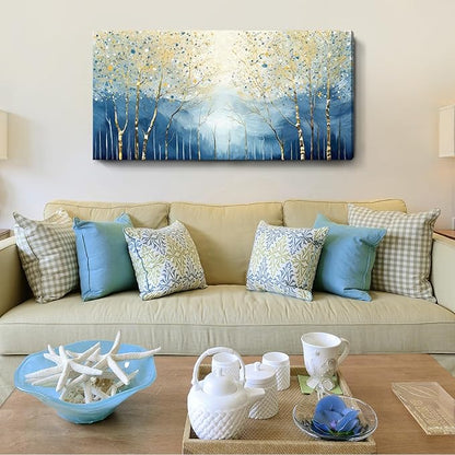 amatop Large Abstract Art Wall Hanging For The Living Room, Featuring Modern Plant Prints Pictures And Blue And Yellow Tree Artwork For Bedrooms, Bathrooms, Dining Rooms, And Studies. 48X24 Inches.