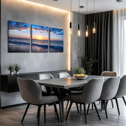 Framed Canvas Wall Art for living room Large Size Office Wall Decor Sunrise blue sea view Wall Pictures Artwork ocean Paintings Ready to Hang for Modern bedroom Home Decoration 16" x 24" 3 Pieces