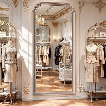 Full Length Mirror with Stand, 71"x32" Full Body Mirror, Floor Length Mirrors Wall Mounted with Rounded Top, Large Standing Mirrors, PU Frame, for Bedroom Living Room Cloakroom, Antique Sliver