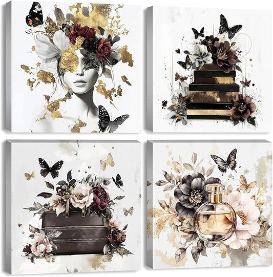 Butterfly Wall Art Black White and Gold Wall Decor Women Bedroom Decor Glam Fashion Pictures Watercolor Flowers Posters Handbag Perfume Paintings Modern Artwork Home Decorations 12x12” 4Pcs