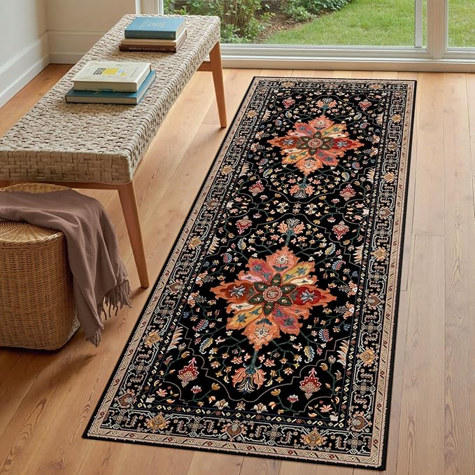 RELEANY Area Rugs 3'x8' Runner Rug Non Slip Washable for Kitchen Hallway Bedroom Beside Laundry Room Bathroom Rug, Floor Carpet, Black Colorful Floral Dark Tan