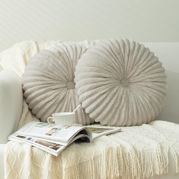 HIG Decorative Round Throw Pillows for Bed Couch -Set of 2 Handcraft Ruched Pumpkin Pillow, Soft and Durable Flannel Floor Pillow for Home Decor, Bed Living Room and Sofa (Beige,14.5"x14.5")