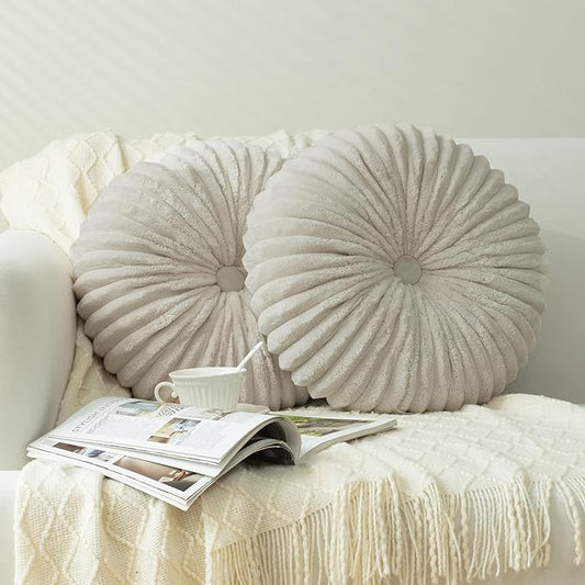 HIG Decorative Round Throw Pillows for Bed Couch -Set of 2 Handcraft Ruched Pumpkin Pillow, Soft and Durable Flannel Floor Pillow for Home Decor, Bed Living Room and Sofa (Beige,14.5"x14.5")