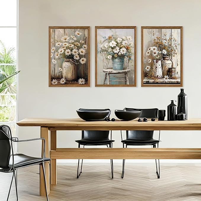 DUWQU 3 Pieces Framed Elegant Farmhouse Canvas Wall Art, Vintage Floral Pictures Wall Decor, Nature Themed Daisy Art Prints for Living Room Bedroom Kitchen and Office Ready to Hang 20×30 Inches