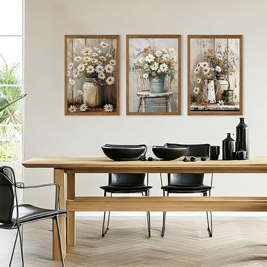 DUWQU 3 Pieces Framed Elegant Farmhouse Canvas Wall Art, Vintage Floral Pictures Wall Decor, Nature Themed Daisy Art Prints for Living Room Bedroom Kitchen and Office Ready to Hang 20×30 Inches