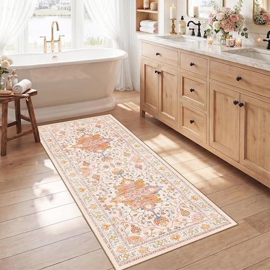 RELEANY Area Rugs 2'6"x5' Runner Rug Non Slip Washable for Kitchen Hallway Bedroom Beside Laundry Room Bathroom Rug, Floor Carpet, Light Pink Colorful