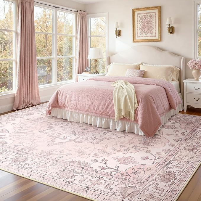 RELEANY Area Rugs 7'x10' Washable Non-Slip, Floral Vintage Distress Print Pattern Medallion Carpet for Living Room Bedroom Dining Room, Pink Greypink Cute