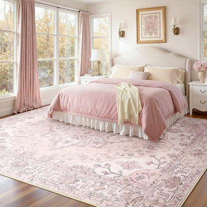 RELEANY Area Rugs 6'x9' Washable Non-Slip, Floral Vintage Distress Print Pattern Medallion Carpet for Living Room Bedroom Dining Room, Pink Greypink Cute
