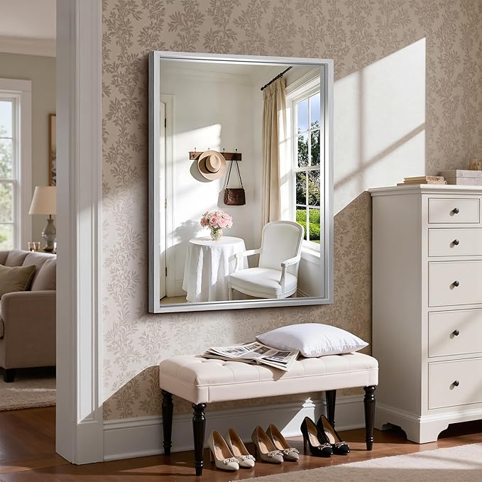 CIRCUMI 30"x42" Brushed Silver Mirror with Chunky Box Metal Frame, Bathroom Mirror for Vanity Remodel & New Home, Living Room, Entryway, Rectangular Wall Mirror, Tempered Glass, Vertical or Horizontal
