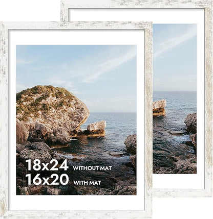 iRahmen 18x24 Poster Frame with 16x20 Mat - Plexiglass Wooden Picture Frames for Photo Wall Gallery Mounting (Distressed-White, Set of 2)