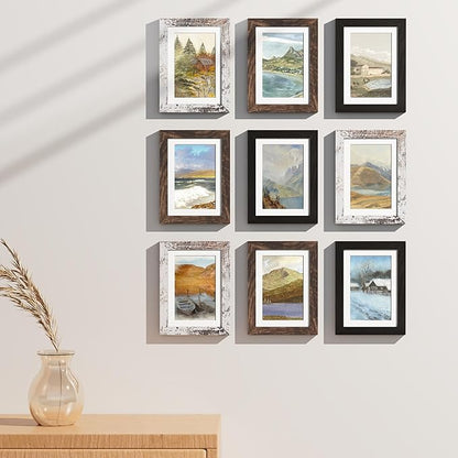 Vittanly 5x7 Picture Frames Set of 9, Display 4x6 Pictures with Mat or 5x7 without Mat, Photo Frames for Wall or Tabletop with Plexiglass, Engineered Wood, Black&Brown&Distressed White