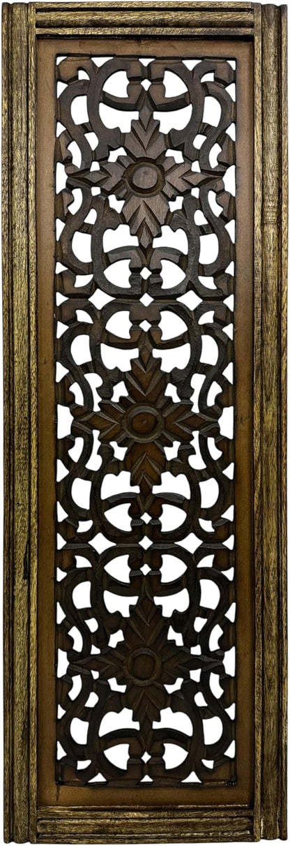 Floral Hand Carved Wooden Wall Panels Set of 2, Rustic Brown Decorative Wall Art for Living Room, Bedroom, Hallway & Home Décor, Vintage Rustic Finish Handmade Wooden Hanging Panels