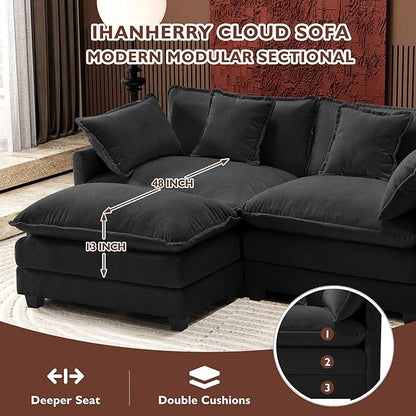 Ihanherry U-Shaped Modern Sofa 111.4" Modular Sectional Cloud Couch with 2 Ottoman, 5-Seat Chenille Deep Seat Sofa with 5 Pillows for Living Room, Black