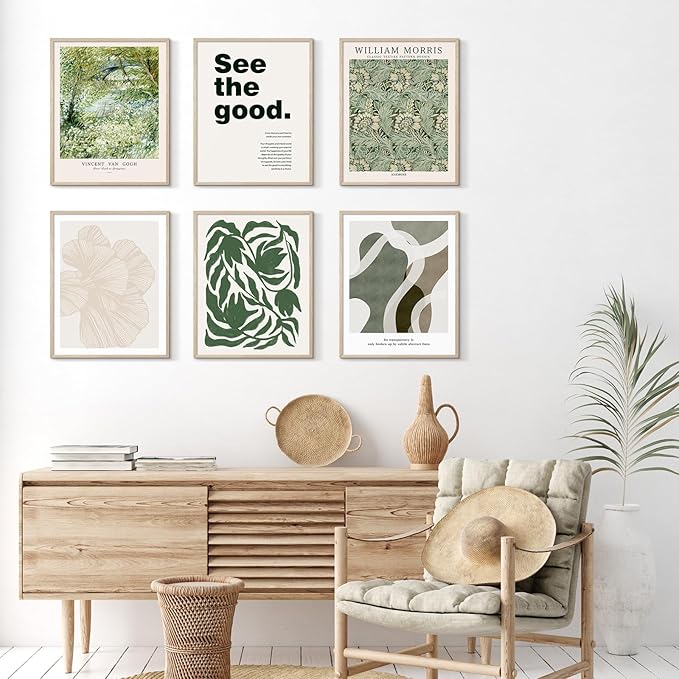 Habseligkeit Green Wall Art Prints, Retro Wall Decors for Room Aesthtic, Abstract Posters for Bedroom Decor Aesthetic Unframed, 8X10in, Set of 6
