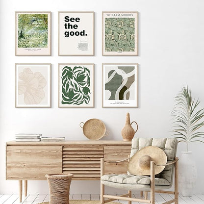 Habseligkeit Green Wall Art Prints, Retro Wall Decors for Room Aesthtic, Abstract Posters for Bedroom Decor Aesthetic Unframed, 11X14in, Set of 6
