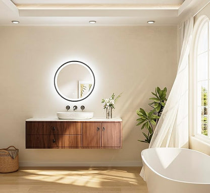 TETOTE Round Led Lighted Bathroom Mirror Matte Black Frame 24 Inch Front and Backlit Circle Round Light up Vanity Mirror with Lights, 3 Color Illuminated Dimmable Anti Fog Wall Mount, IP54 CRI 90+