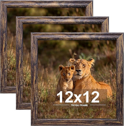 12x12 in Picture Frame set of 3, Horizontal and Vertical Formats for Wall Hanging, 12 x 12 Square Wall Gallery Poster Photo Frame Brown with Shatter Resistant Plexiglass,best gift