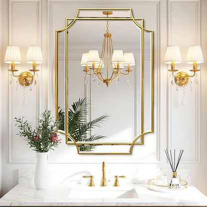 36 * 24 Beveled Gold Rectangular Mirror for Wall, Traditional Art Decorative Vanity Mirror for Bathroom Living Room Bedroom Kitchen Entrance