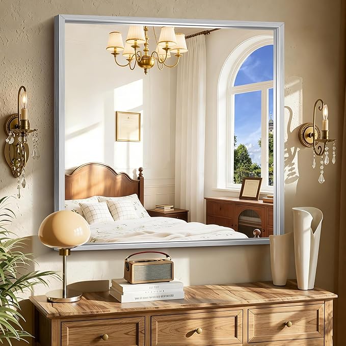 CIRCUMI 40"x40" Brushed Silver Mirror with Chunky Box Metal Frame, Bathroom Mirror for Vanity Remodel & New Home, Living Room, Entryway, Rectangular Wall Mirror, Tempered Glass, Vertical or Horizontal