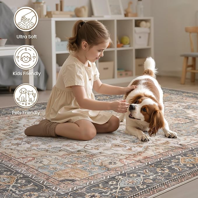 Washable Area Rugs for Living Room -10x13 Neutral Vintage Distressed Floral Farmhouse Boho Large Soft Floor Rug Indoor Non Slip Carpet for Living Room Bedroom Dining Room Office - Forest Green Orange