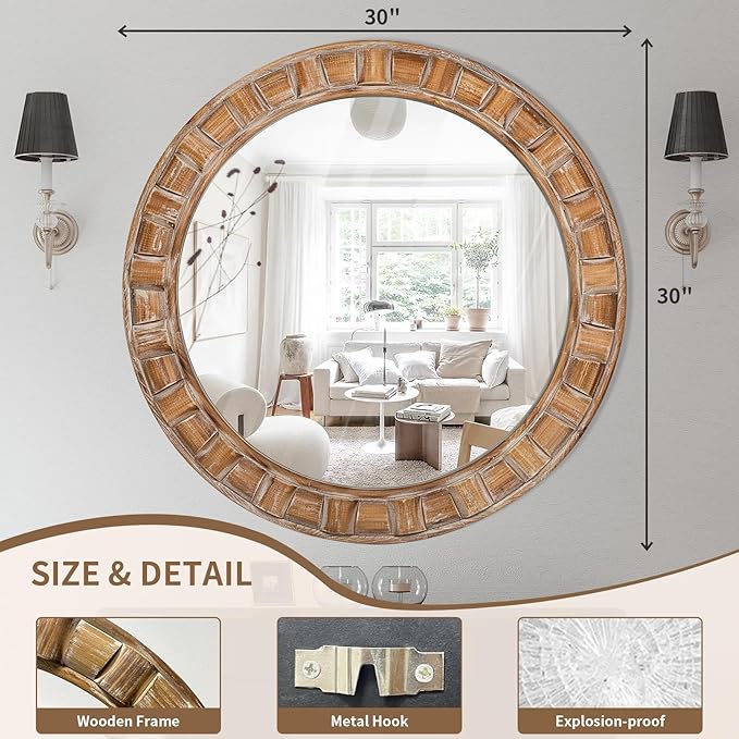 30 Inch Brown Solid Wood Round Wall Mirrors, Decorative Circle Mirror for Bathroom, Bedroom, Living Room, Hallway, Foyer, Entryway