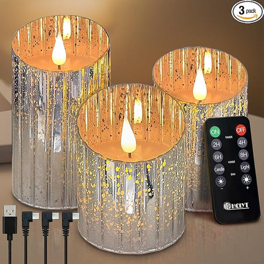 LEDHOLYT Rechargeable Flameless Candle, Flickering LED Pillar Glass Fake Candle with Remote and Timer, Built-in Battery Real Wax Electronic Candle for Room Decoration, Set of 3