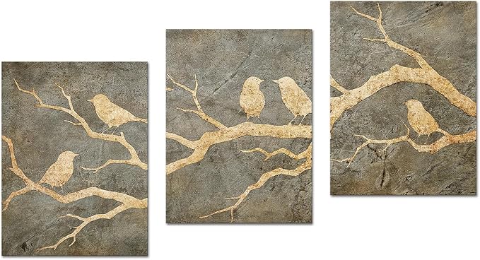 Artmyharbor Bird Prints Painting Triptych Wall Art Gold Bird Wall Decor