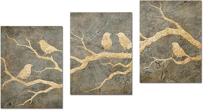 Artmyharbor Bird Prints Painting Triptych Wall Art Gold Bird Wall Decor