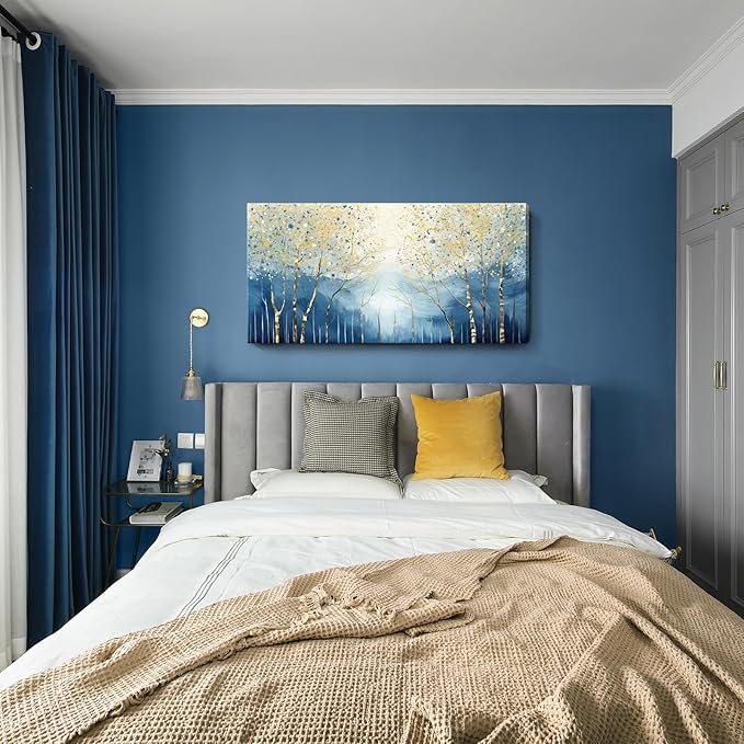 amatop Large Abstract Art Wall Hanging For The Living Room, Featuring Modern Plant Prints Pictures And Blue And Yellow Tree Artwork For Bedrooms, Bathrooms, Dining Rooms, And Studies. 48X24 Inches.