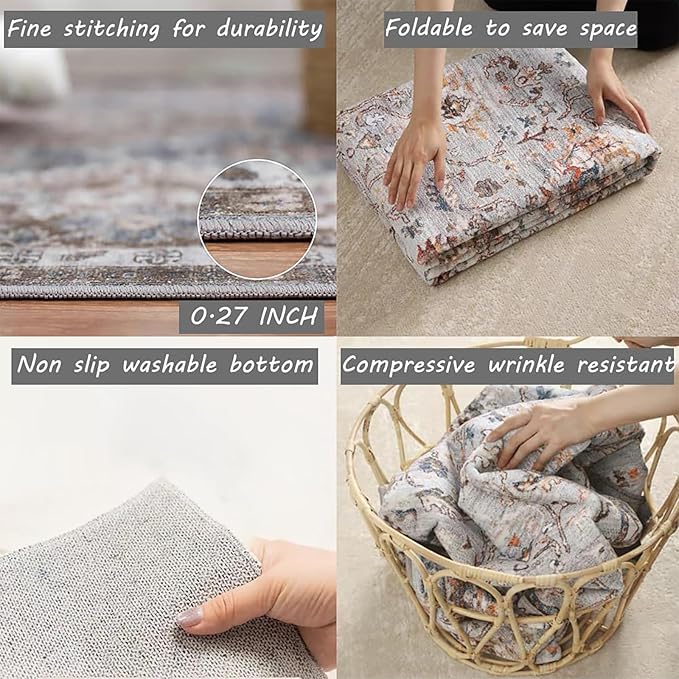 CHAMPLANT 5x7 Washable Area Rug Gray Vintage Traditional Floor Cover Foldable Thin Kitchen Accent Indoor Distressed Non Slip Carpet Floral Print Mat Bedroom Living Room Bathroom