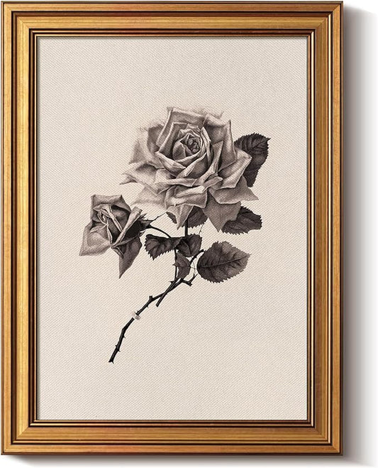 Bzstyleart Vintage Wall Art Decor for Living Room, Rose Flower Canvas Prints, Gold Framed Vintage Travel Wall Art, Sketch Painting Picture, Home Decor Aesthetic Kitchen Bathroom, New York, 12L x 16W