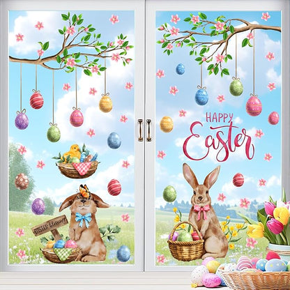 Happy Easter Window Clings Bunny Window Decorations Decals for Glass Double-Sided Removable Easter Egg Vinyl Static Sticker Spring Tree Branch Decals for Living Room Bedroom Office Holiday Supplies