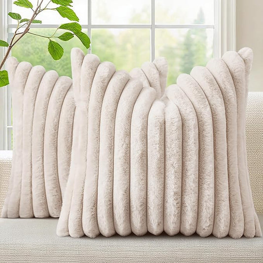 decorUhome Summer Cozy Faux Fur Throw Pillow Covers 20x20 Set of 2 Decorative Soft Plush Striped Modern Farmhouse Boho Couch Pillow Cases with Velvet Back for Sofa Bed Living Room, Beige