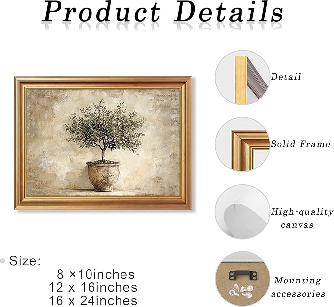 JLTULT Gold Framed Potted Olive Tree Wall Art, Vintage Botanical Canvas Wall Decor, Olive Branch Art Print for Living Room Bedroom Office 16x24 Inch with Fade-Resistant Print Easy to Hang