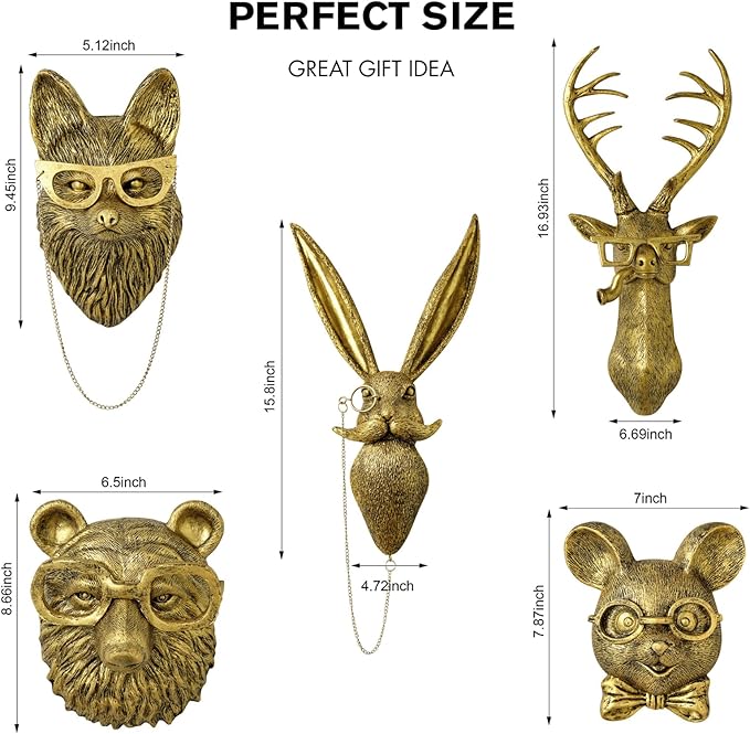 montresor Animal Head Wall Sculptures Decor 9.4 inchs Gold Fox Vintage 3D Wall Decor Art for Whimsigoth Gold Animal Heads for Wall Lightweight Material Accent Wall Hanging Room Decor for Maximalist