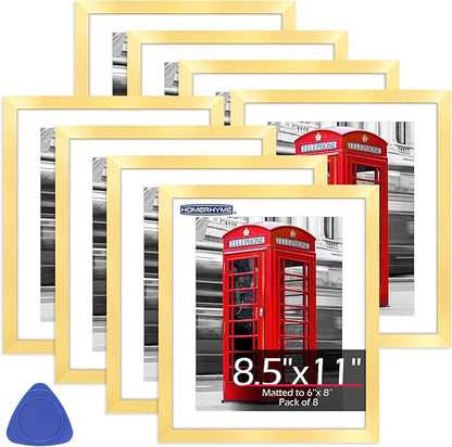 8.5x11 Picture Frame Set of 8, Gold Photo Frames for Gallery Wall Mounting, Display Pictures 6x8 with Mat or 8.5 by 11 Without, Certificate Frame with Plexiglass for Home Office Wall Decor