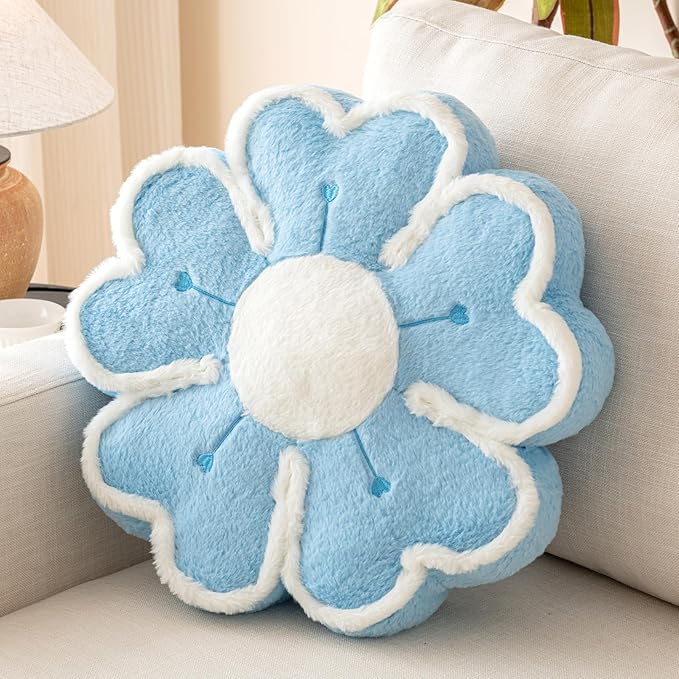 Flower Shaped Decorative Throw Pillow Cushion for Bed Couch, Cute Flower Plush Throw Pillows Home Decor Floor Pillow Seating Cushions (Blue, 13.7 Inches)
