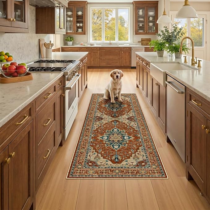 RELEANY Area Rugs 2'x5' Runner Rug Non Slip Washable for Kitchen Hallway Bedroom Beside Laundry Room Bathroom Rug, Floor Carpet, Red Orange Blue Brown